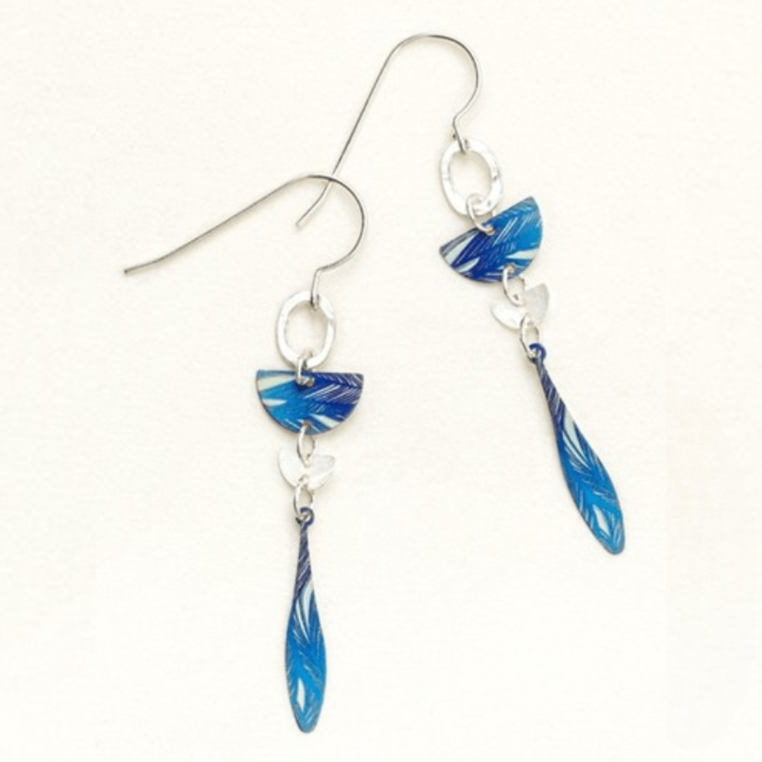 Holly Yashi Ida Earrings - blue geometric silver drop earring with leaf patterns etched into the metal. Earrings are on a sterling silver ear wire.