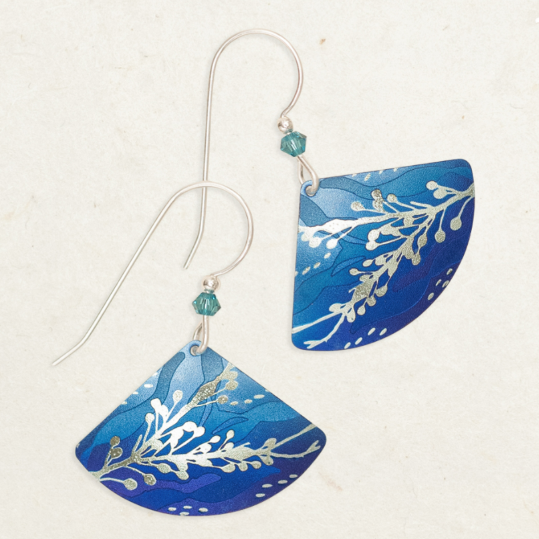 Holly Yashi Sea Meadow Earrings - Silver colored coral with navy blue seaweed behind on a dark blue background - rounded oblong triangle shaped niobium on blue beaded silver earwires.
