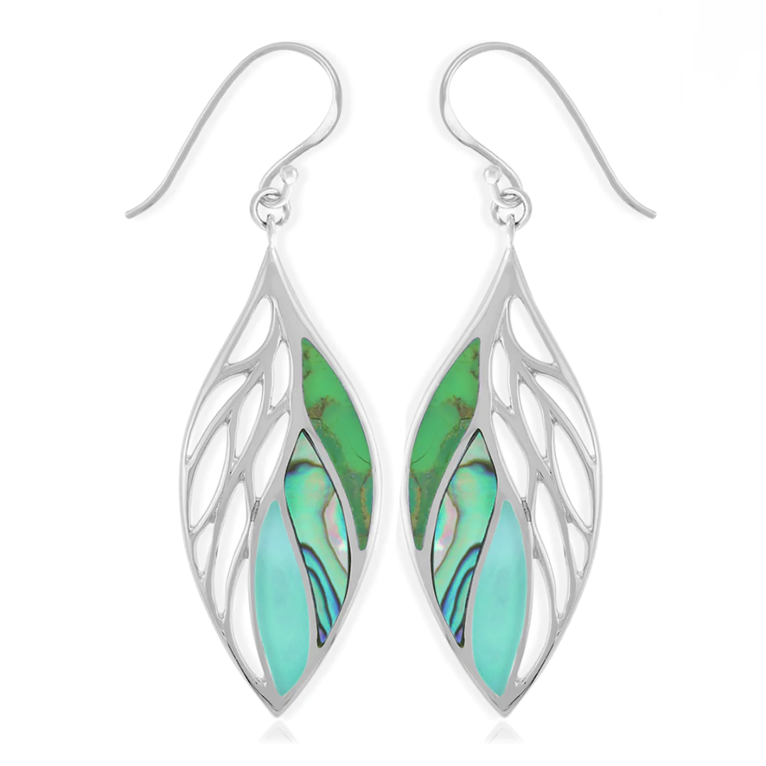 Boma 925 Sterling Silver earrings in the shape of a leaf, one side is comprised of 3 inlaid stones, green turquoise, abalone, and green mother of pearl, the other side the leaf venations are designed out of the silver.