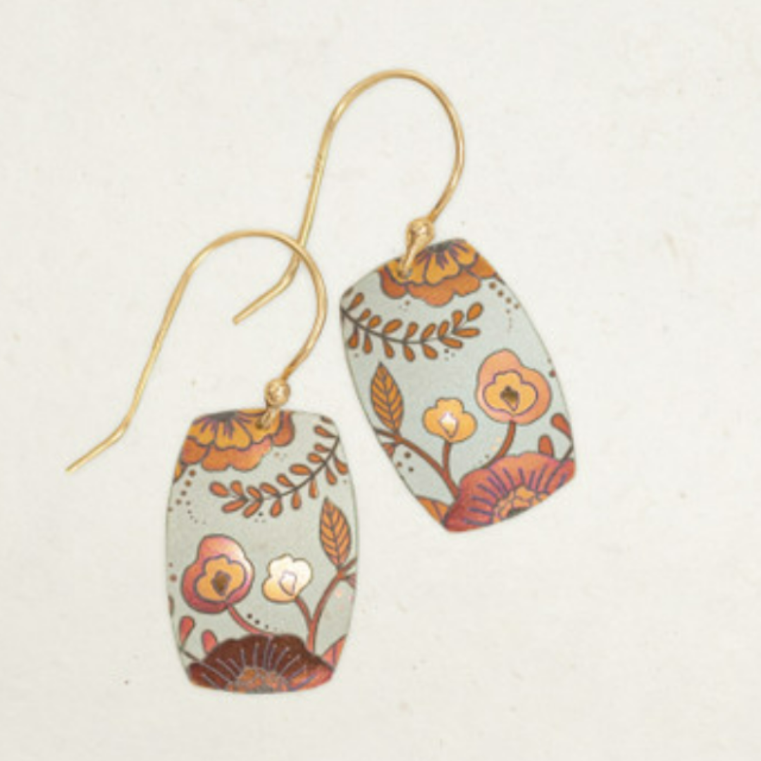 Holly Yashi Forever Fleur Earrings - rounded rectangular shaped niobium - sage background with orange and pink colored floral pattern on gold overlaid fish-hook earwires.