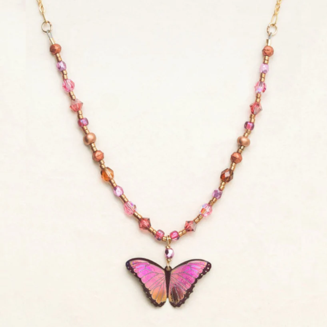 Holly Yashi Bella Butterfly Beaded Necklace - Color Living Coral - 18k gold-plated and niobium butterfly pendant