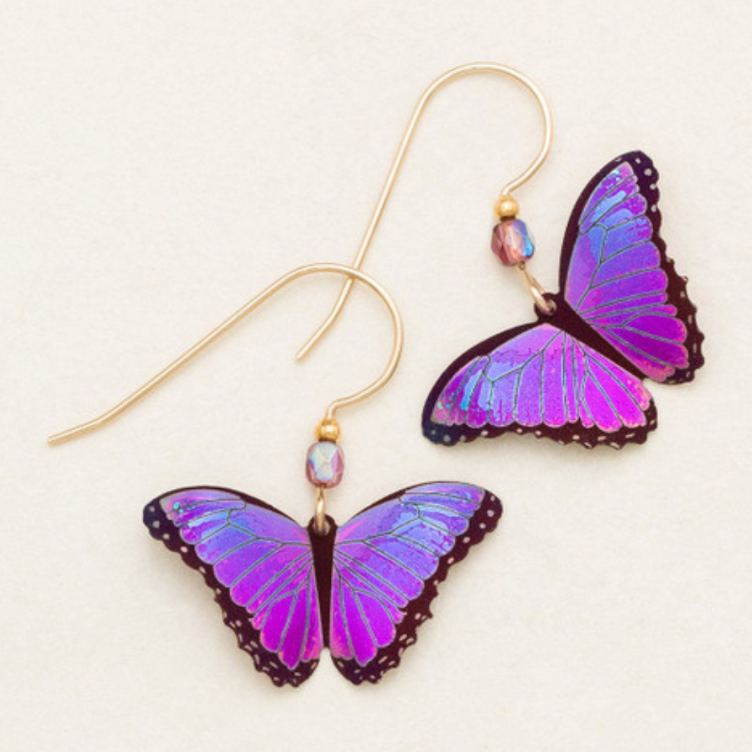 Holly Yashi Bella Butterfly - Bright purple realistic butterfly earring on a gold french wire with an iridescent purple bead.