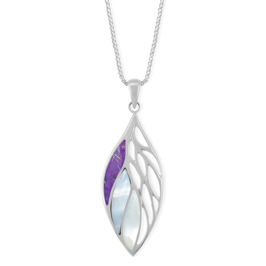 Boma leaf shaped silver pendant with cutouts on the right and three sections of purple turquoise, light purple mother of pearl, and mother of pearl shell inlaid on the left half. Comes with an 18-inch silver box chain.