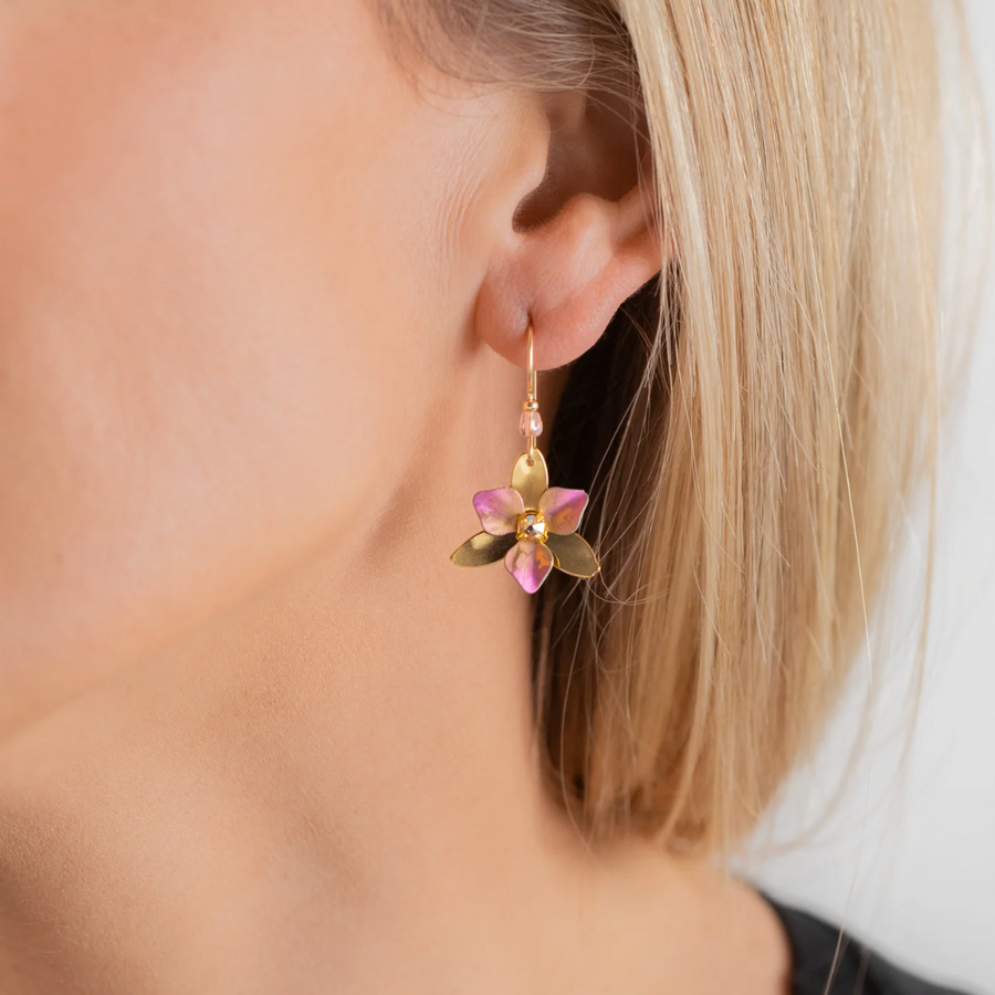 Holly Yashi Special Edition Orla Drop Earrings - Breast Cancer Awareness - Niobium and Gold Filled - Color Pink - Size comparison on model