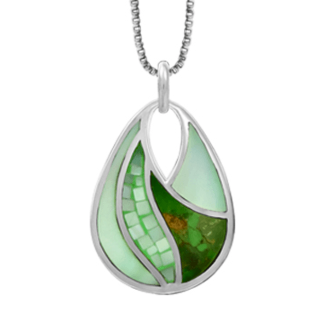 Boma teardrop shaped silver pendant with green Turquoise and green Mother of Pearl inlaid in 4 sections. an upside down teardrop shape cutout at the top holds the bale. Comes with 18-inch sterling box chain.