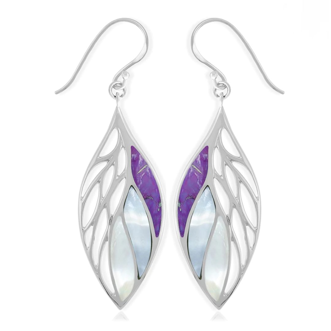 Boma 925 Sterling Silver earrings in the shape of a leaf, one side is comprised of 3 inlaid stones, purple turquoise, lavender mother of pearl, and white mother of pearl, the other side the leaf venations are designed out of the silver.