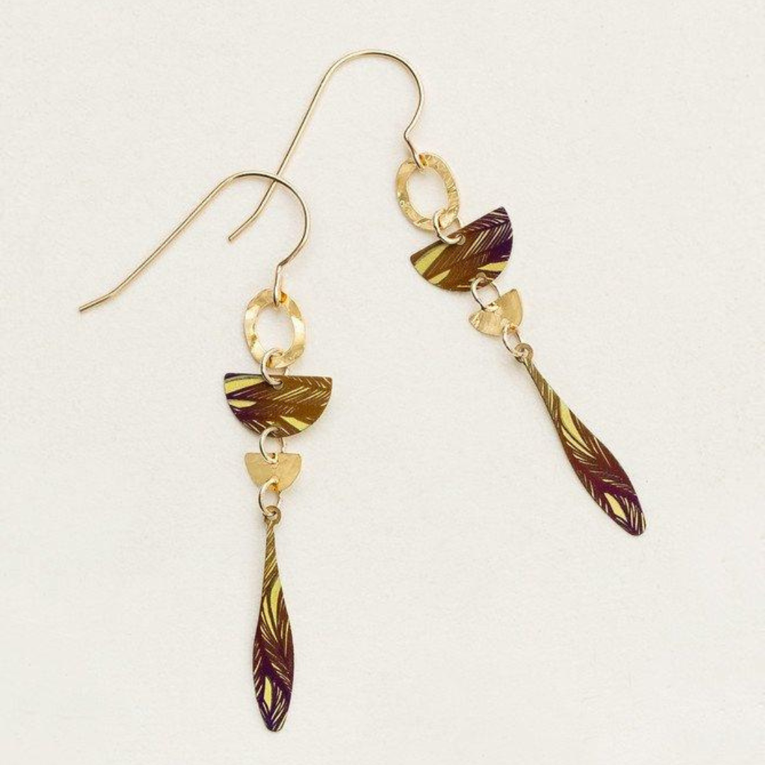 Holly Yashi Ida Earrings - Red and gold geometric drop earrings with a floral leaf design etched into the metal. Earrings are on a gold-filled ear wire.