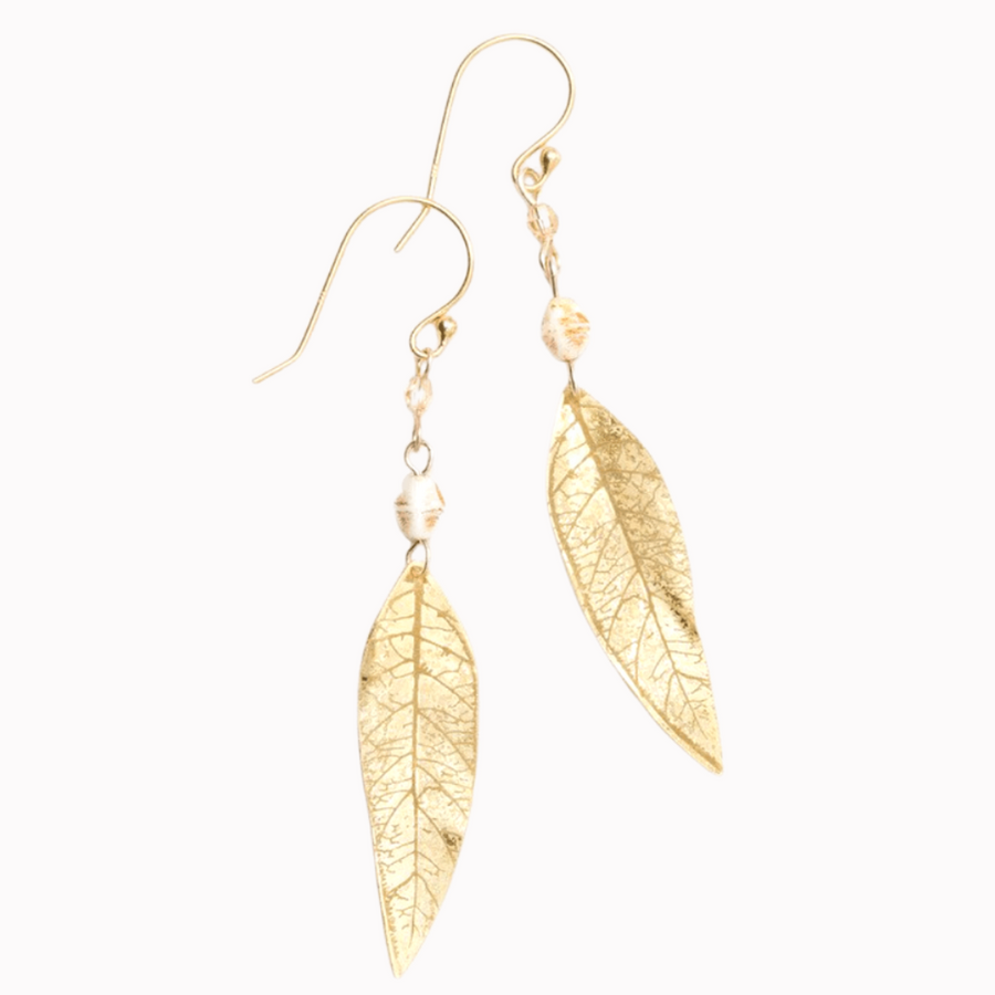 Holly Yashi Shimmering Willow - gold leaf dangle earring with venations etched into the metal work. At the top of the leaf are two gold beads, separated by a gold chain on a gold-filled ear wire.