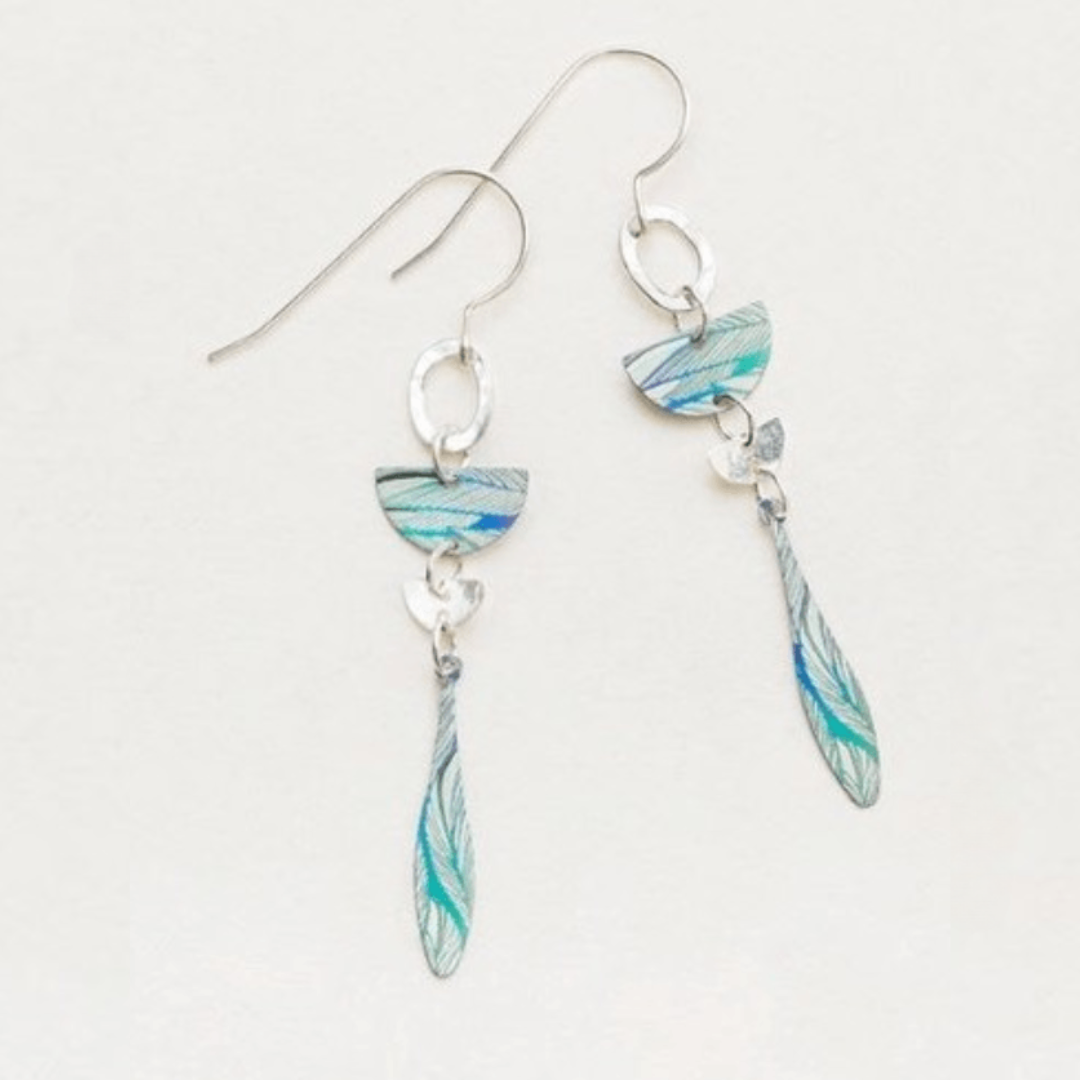 Holly Yashi Ida Earrings - silver and niobium blue green dangle earring with leaf designs etched into the metal. Earrings are on sterling silver ear wires.