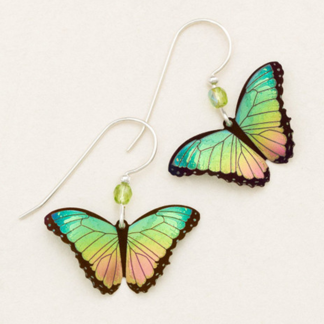 Holly Yashi Bella Butterfly - Realistic image of a butterfly with teal, green, yellow, peach gradient wings in that order and a black outline. On a silver french wire with a lime green colored bead