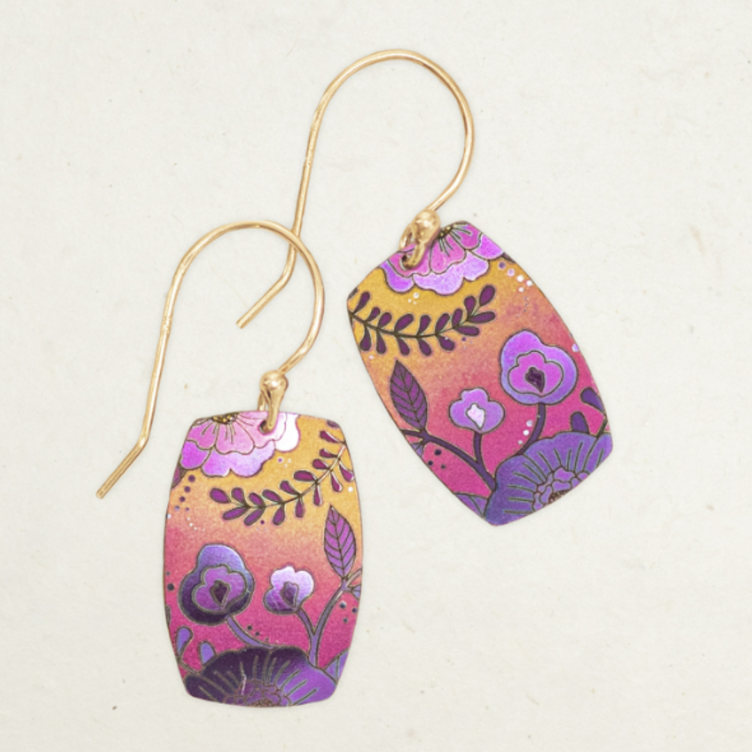 Holly Yashi Forever Fleur Earrings - rounded rectangular shaped niobium - orange and hot pink ombre background with purple colored floral pattern on gold overlaid fish-hook earwires.