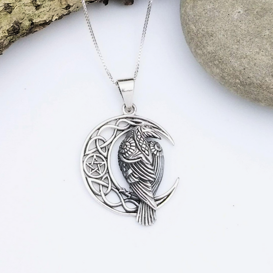 Urban Sterling Silver - Silver Parrot - 925 Sterling Silver Celtic Raven, Moon, Pentagram Necklace