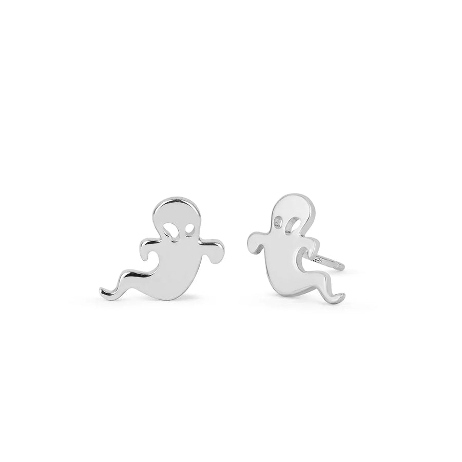 The Boma Spooky Ghost Studs are shown. These sterling silver earrings feature spooky ghost shapes with two small circular cutouts for eyes, wavy arms, and tails, creating a quirky and playful design. The plain white background accentuates the shiny silver finish of these perfect Halloween accessories.