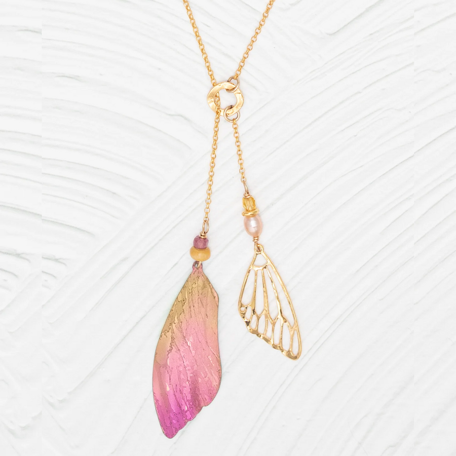 Holly Yashi Special Edition Flutterby Lariat Necklace - Niobium and Gold Filled - Pearl - Pink Tourmaline