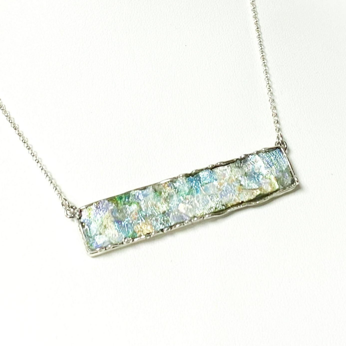 Roman Glass Long Bar Necklace in Sterling Silver