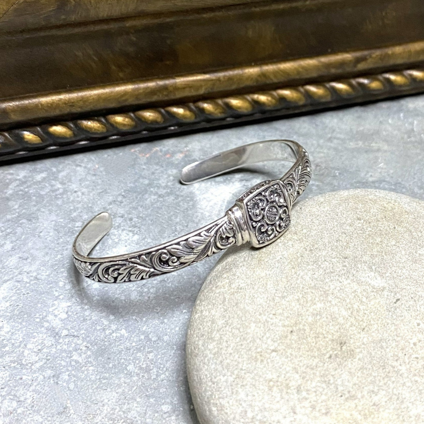 925 Sterling Silver Bali Cuff - Floral design with square focal