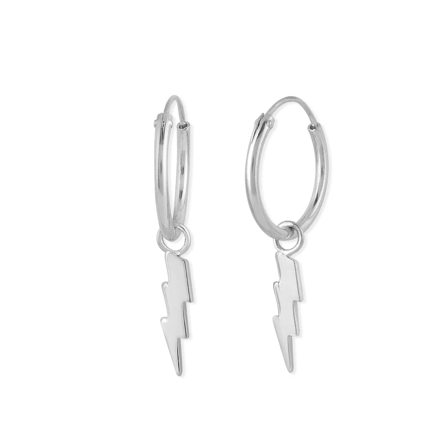 Introducing the Boma Lightning Hoops: A pair of sterling silver hoop earrings featuring dangling lightning bolt designs. Each hypoallergenic hoop boasts a sleek, polished finish, with the lightning bolt charms freely hanging from the bottom, creating a simple and modern design.