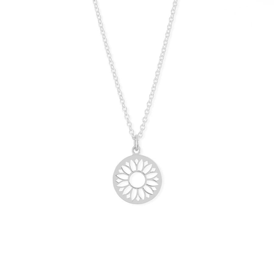 The Boma Sun Flower Necklace is a 925 sterling silver piece featuring a delicate chain and a circular pendant with a cut-out sunflower design. It is hypoallergenic and perfect for sensitive skin.