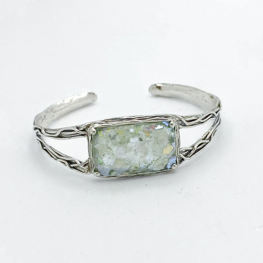 Rectangular Roman Glass on double-band 925 Sterling Silver cuff with vined detailing