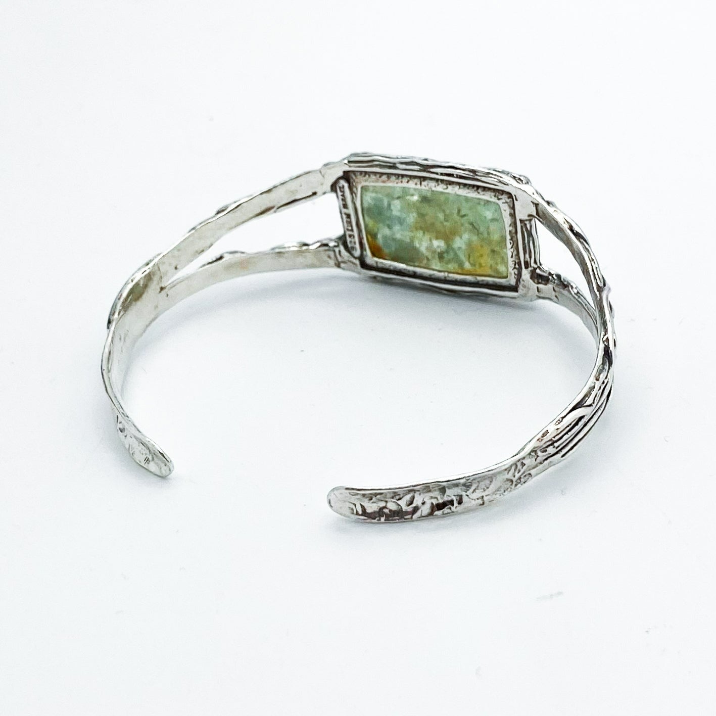 Back View of Rectangular Roman Glass on double-band 925 Sterling Silver cuff with vined detailing