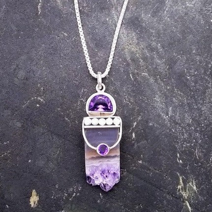 925 Sterling Silver Amethyst geode chunk pendant necklace with small round amethyst in middle, and a half moon amethyst on top - overall Bali design 
