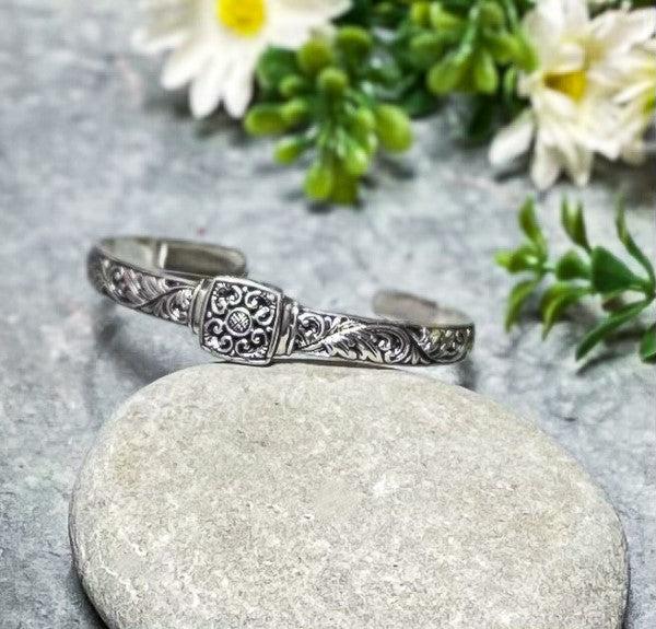 925 Sterling Silver Bali Cuff - Floral design with square focal 