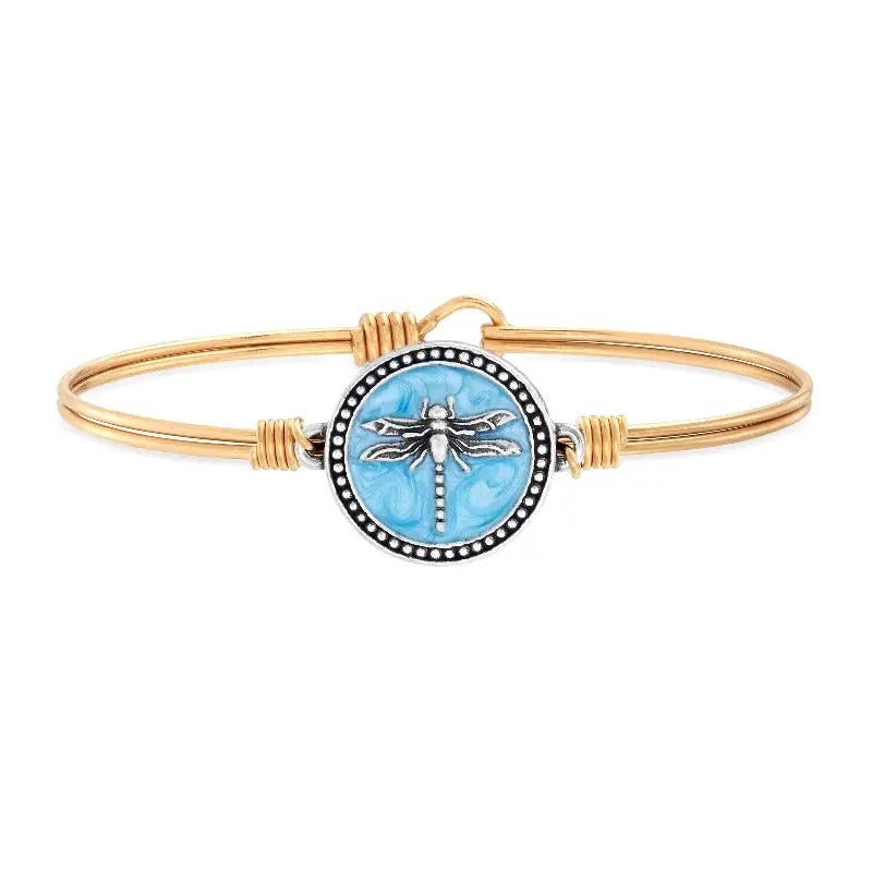 Luca + Danni Dragonfly hook bangle with light blue resin - Brass plated band