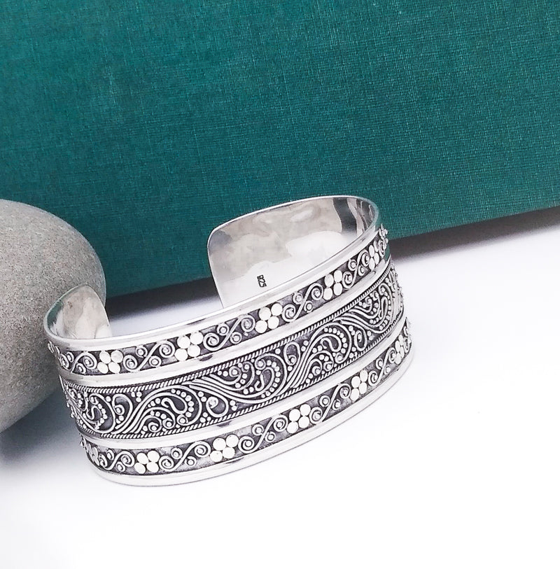 Wide Ornate Bali Sterling Cuff