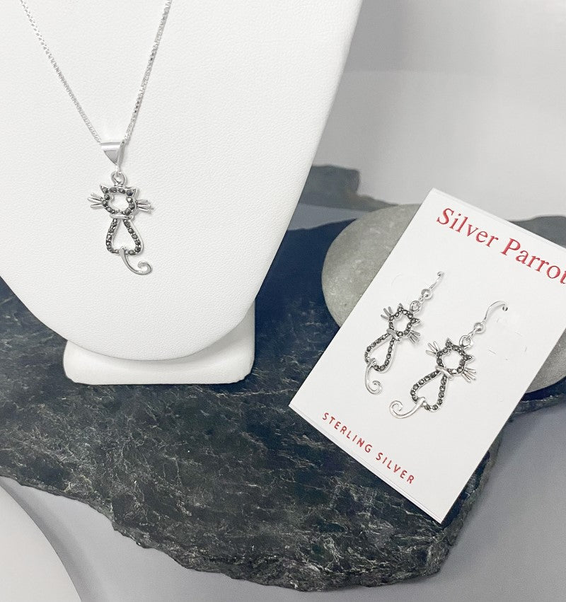 Sterling Silver and Marcasite Cat Earrings