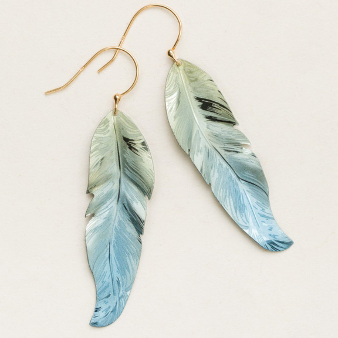 Holly Yashi Petite Free Spirit Feather Earrings - green gradient feather earrings on a gold-filled ear wire.