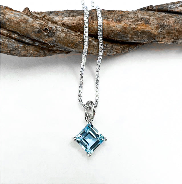Small dainty square shaped essential stones on 18" inch 925 Sterling Silver box chain - available in 4 colors - Blue Topaz