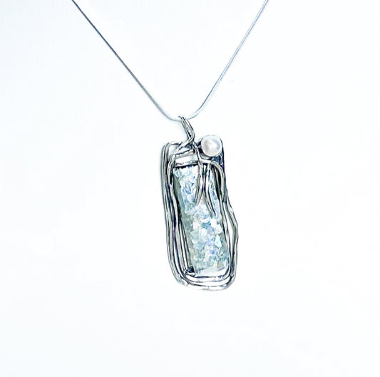 Roman Glass With Pearl Pendant In Sterling Silver