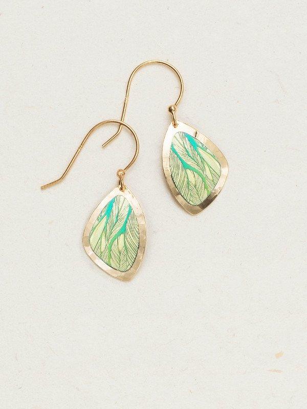 Light-weight Holly Yashi Niobium drop earrings in a triangular pattern. At the center of the earring is a light blue-to-green gradient with a white floral etching into the metal, surrounded by a gold-filled border. Ear wires are gold-filled.