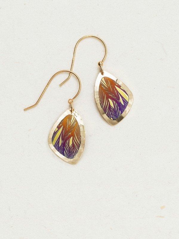 Light-weight Holly Yashi Niobium drop earrings in a triangular pattern. At the center of the earring is an orange-to-purple gradient with a yellow floral etching into the metal, surrounded by a gold-filled border. Ear wires are gold-filled.