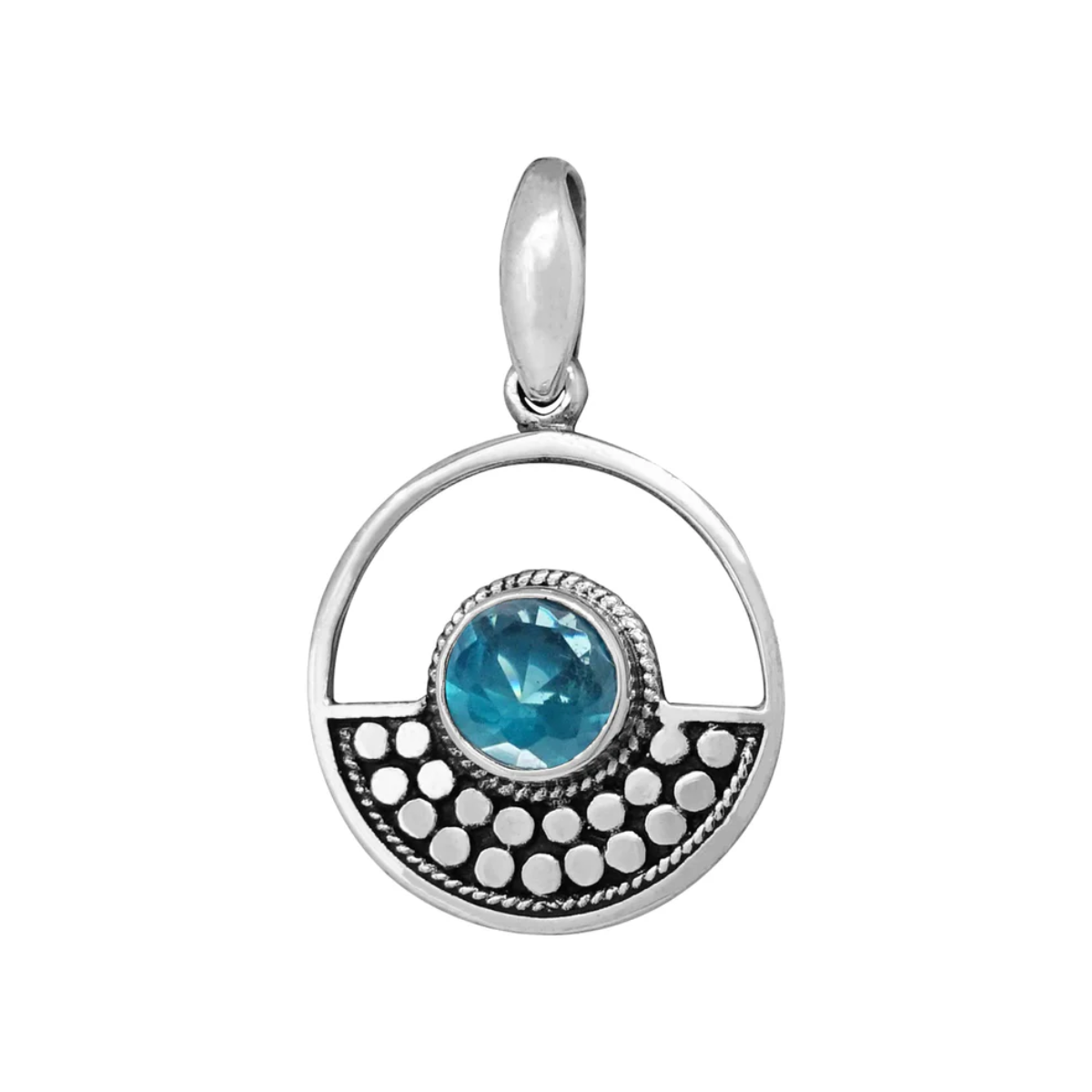 925 Sterling Silver pendant with a blue topaz inside. Full circle outline with a dotted bali design half circle within. The gemstone is a small circle in the middle of the whole design