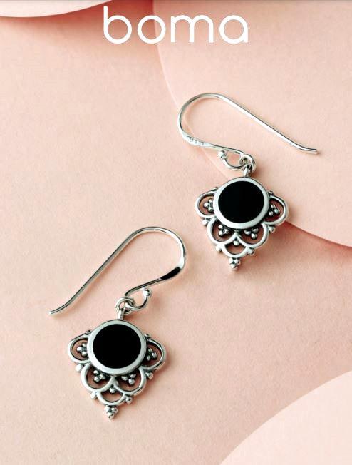 Sterling silver earrings with onyx stone. Filagree at the bottom. 
