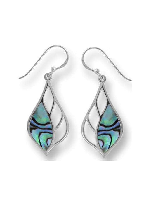 leaf shape sterling earring with cutouts on inner half and abalone on the outer half. set in sterling with a french wire. 