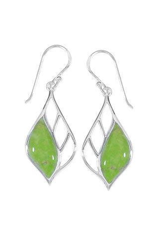 Boma leaf shape earring with cutouts on inner side and green turqouise on the outer half. set in sterling with a french wire. 