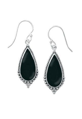 Sterling Silver teardrop shaped Drop Earring with Onyx Stone and braided detail along sides with small spheres along the bottom. Earring is on a French wire.