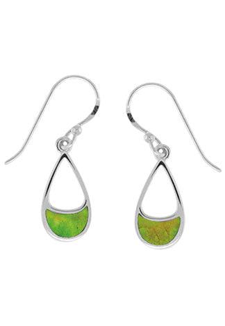 Teardrop shape silver earring with green turquoise inlaid in half moon at bottom. Earrings on a French wire.