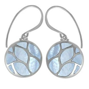 Boma circular silver earrings with 8 pieces of light blue mother of pearl inlaid on a silver French wire.