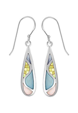 Boma blue mother of pearl, mother of pearl, and yellow mother of pearly inlaid in sterling silver teardrop settings.