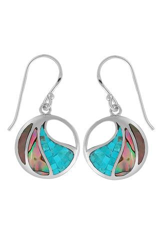 Boma mosaic blue Mother of Pearl, abalone, and dyed brown mother of pearl inlaid in a circular sterling earring on a french wire