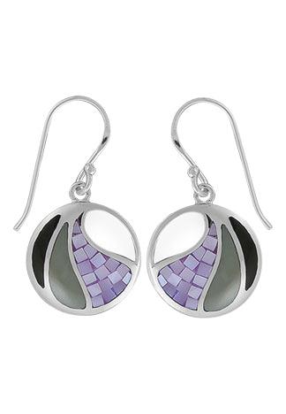 Purple mosaic, gray, and black mother of pearl dangle silver earrings.