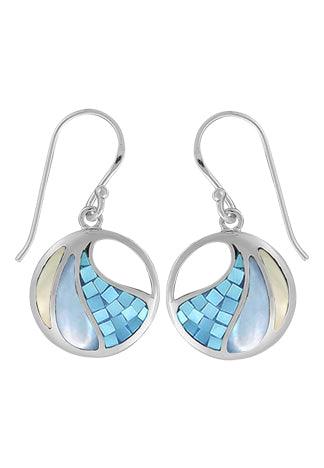 Circular Boma dangle earrings of mosaic blue Mother of Pearl, Dyed blue mother of pearl, and natural mother of pearl with a cut-out at the top. Earrings are on a French wire.