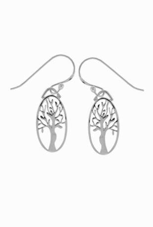 Sterling silver Boma dangle earrings with tree in oval frame on a French wire.