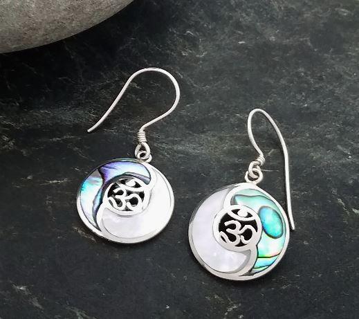 abalone and mother of pearl shell inlaid in sterling silver yin yang earrings with ohm