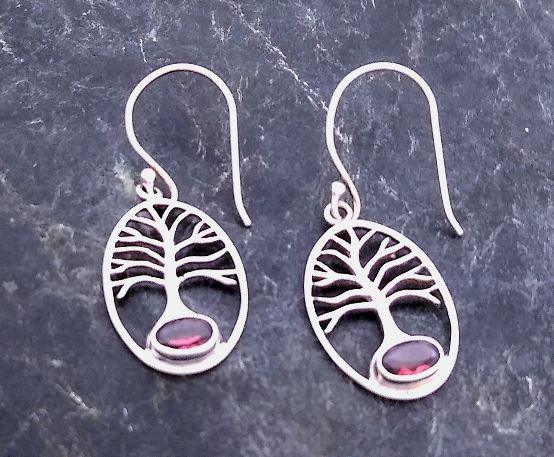 sterling silver tree of life dangle earring with garnet