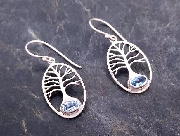 sterling silver tree of life earring with blue topaz