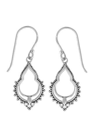 Boma sterling silver teardrop-shaped dangle with Bali style border and three circles at the bottom on a French wire.
